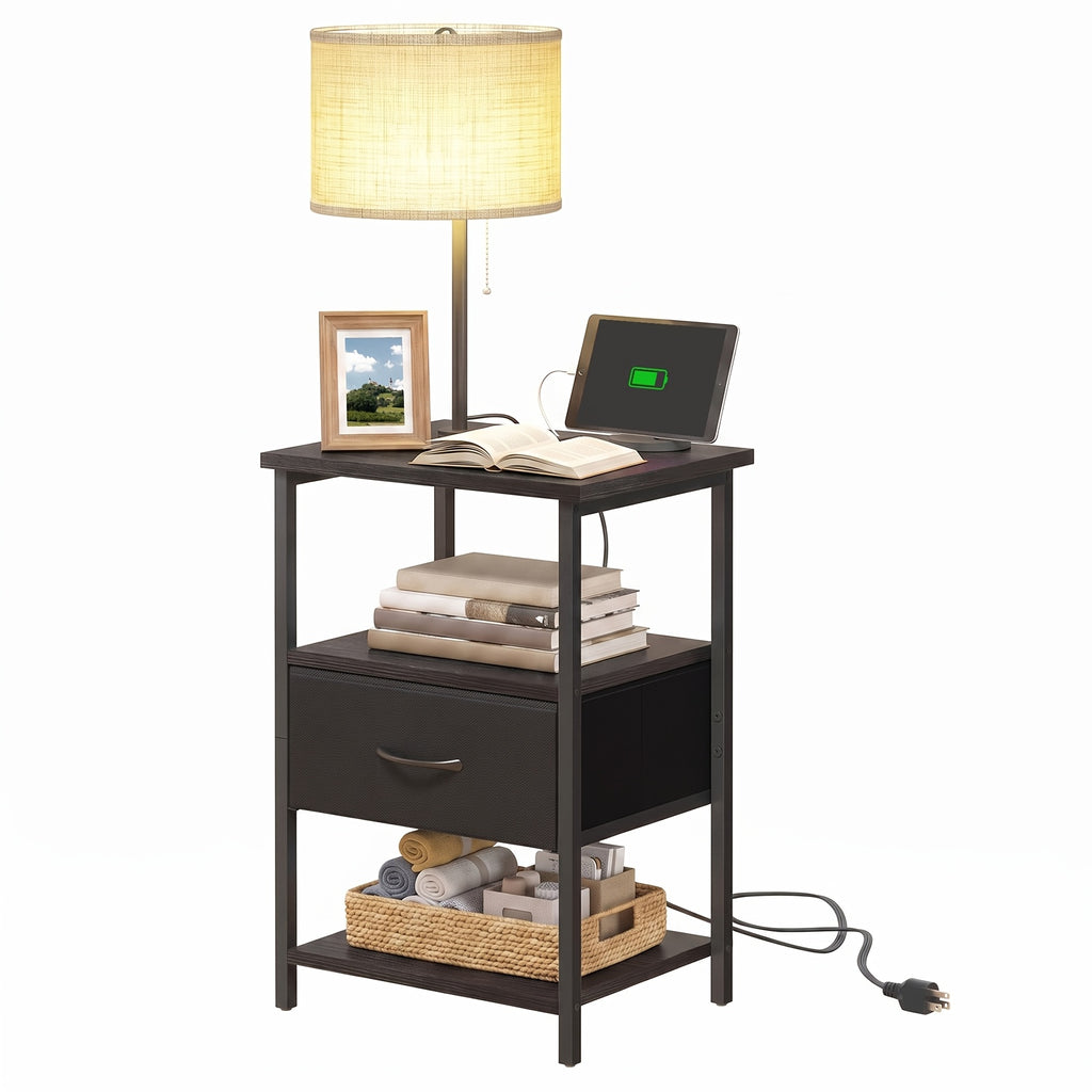 Nightstand with Built-in LED Lamp USB Port & Outlet – 1 or 2 Drawers Bedside Table for Bedroom Living Room, Black Brown White