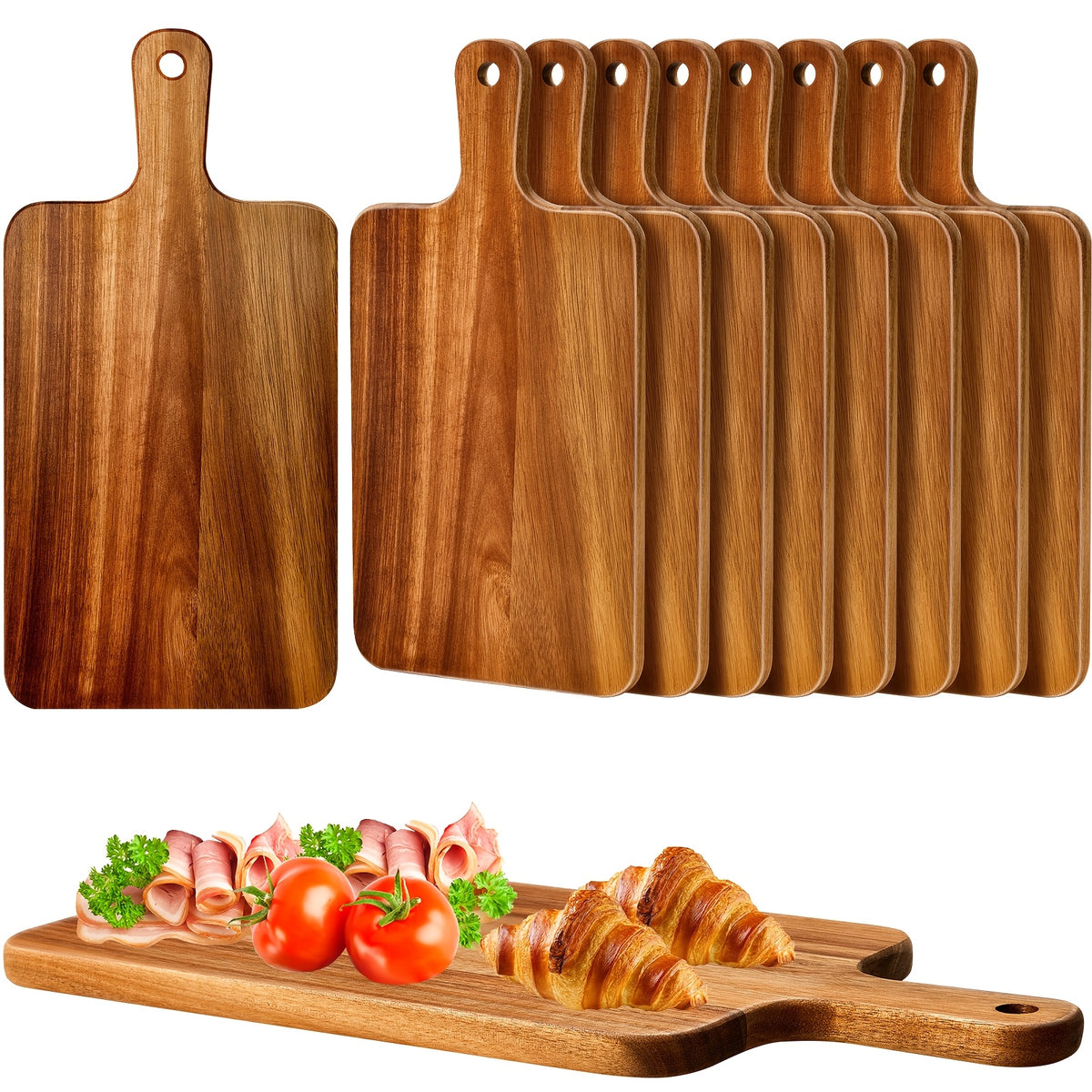 5 or 10-Pack Wood Cutting Boards with Handle – 15.7" x 7.8" Bamboo or Acacia Chopping Boards for Vegetables, Meat & Cheese – Durable Kitchen Food Prep Boards for Home Chefs