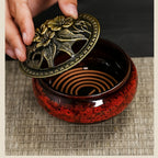 Ceramic Incense Holder Set 4pcs Large Kiln-Fired with Vintage Brass Lid & Fireproof Mat – Stick, Cone & Coil Incense Burner for Home Meditation, Zen Decor & Aromatherapy