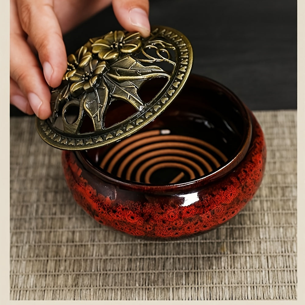 Ceramic Incense Holder Set 4pcs Large Kiln-Fired with Vintage Brass Lid & Fireproof Mat – Stick, Cone & Coil Incense Burner for Home Meditation, Zen Decor & Aromatherapy