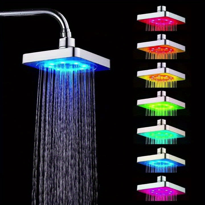 LED Color Changing Rain Shower Head 6 Inch Square - 7 Color Light Up Rainfall Showerhead, Self-Powered High Flow Shower Head with Easy Installation, Bathroom Upgrade