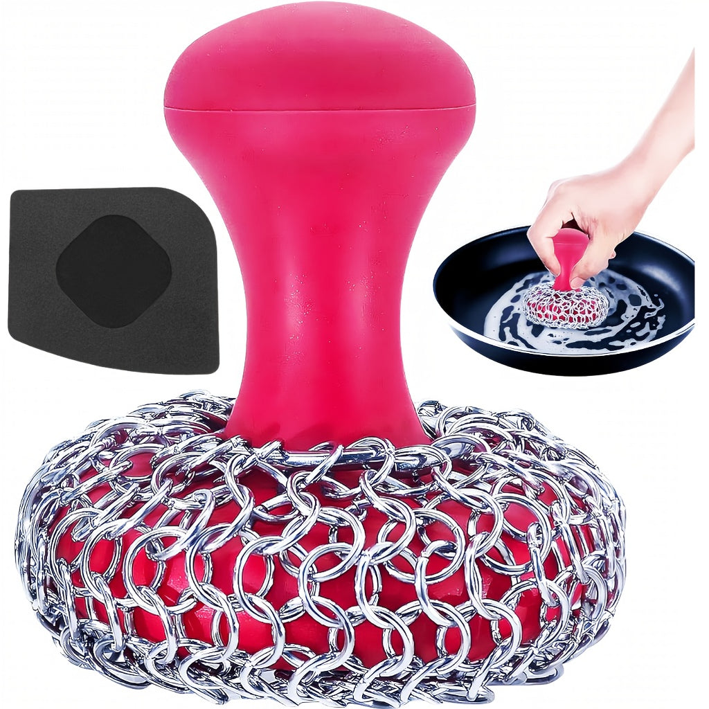 Cast Iron Cleaning Kit with 316 Stainless Steel Chainmail Scrubber – Cleaning Brush, Pan & Grill Scrapers for Skillet, Wok, Grill & Pre-Seasoned Cookware, Ergonomic Cast Iron Care Set