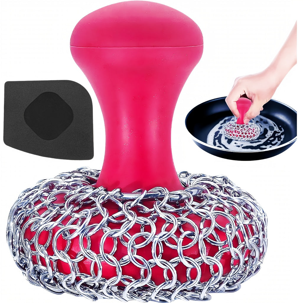 Cast Iron Cleaning Kit with 316 Stainless Steel Chainmail Scrubber – Cleaning Brush, Pan & Grill Scrapers for Skillet, Wok, Grill & Pre-Seasoned Cookware, Ergonomic Cast Iron Care Set