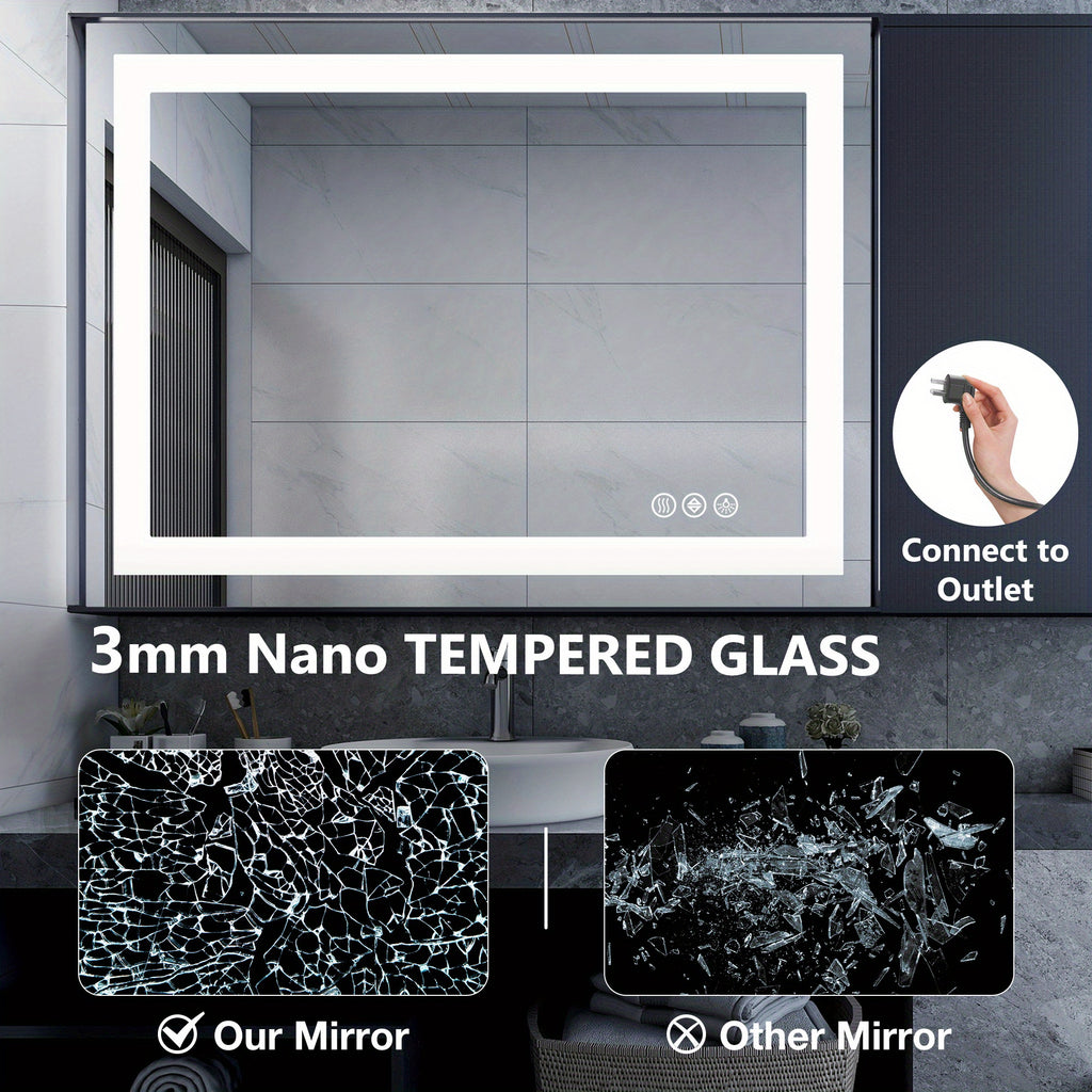 Anti-Fog LED Bathroom Mirror with Dual Light Source & 3-Color Modes | Wall Mount Vanity Mirror | 120V US Plug | 4 Sizes