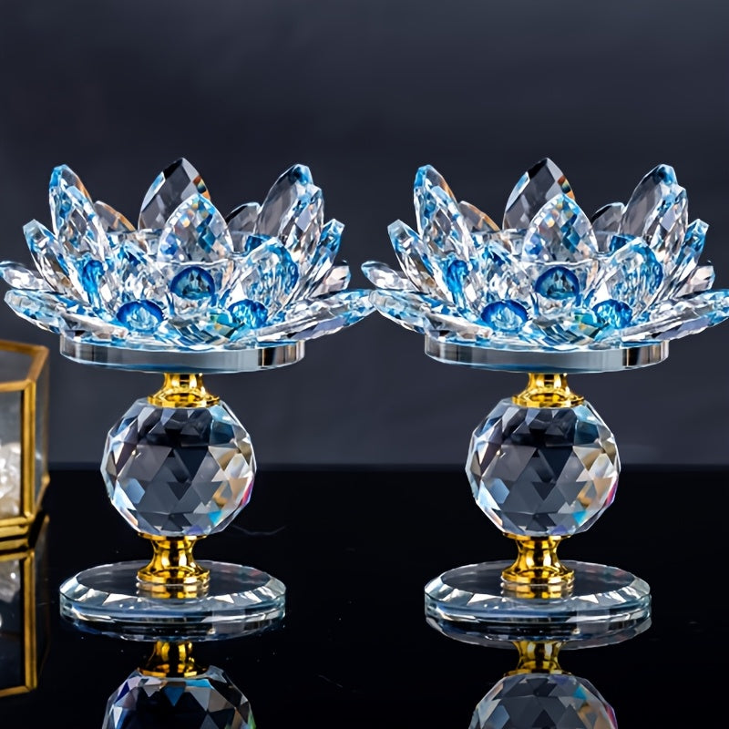 Crystal Lotus Candle Holders Set of 2 Polished Decorative Desktop Centerpiece for Christmas Thanksgiving Halloween Easter Hanukkah Home Decor