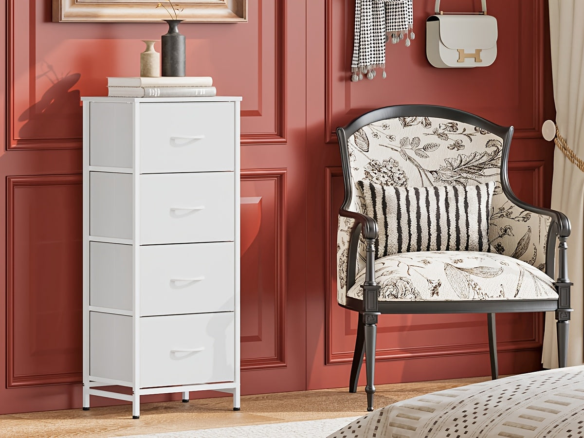 Fabric Storage Chest of 8 Drawers – 4 Independent Sections, Sturdy Metal Frame & Wood Tabletop, Bedroom Dresser for Closet, Living Room & Entryway | White & Brown