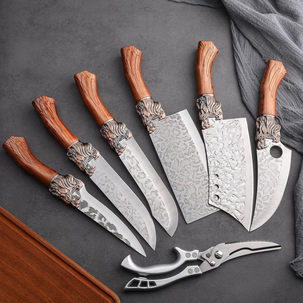 Professional Kitchen Knife Set with Forged Carbon Steel Blades, Full Tang Chef's, Meat, Carving & Cleaver Knives Plus Poultry Shears, Upgraded Version, Perfect Gift for Women & Home Cooks