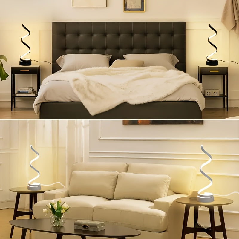 Modern Spiral Touch Table Lamp with USB-C Charging Port 3-Way Dimmable - Minimalist Bedside Lamp for Bedroom Living Room Desk - LED Bulb Included, Black & White, Single & 2-Pack