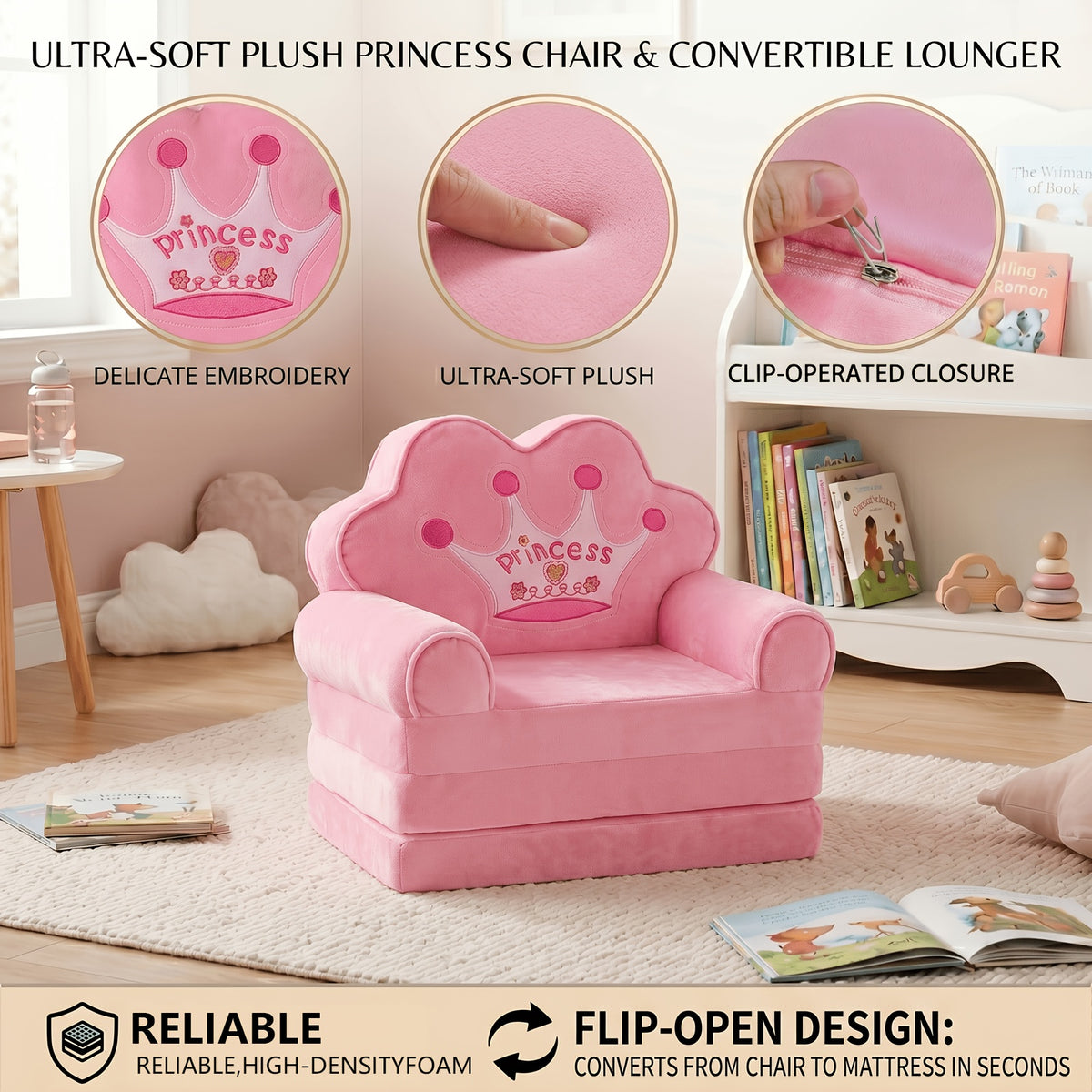 Flip Open Kids Sofa with Princess Crown Design – 2-in-1 Foldable Couch & Lounger Chair, Machine Washable Plush Cover, Certified Safe Foam, Dreamy Reading Nook Gift for Girls