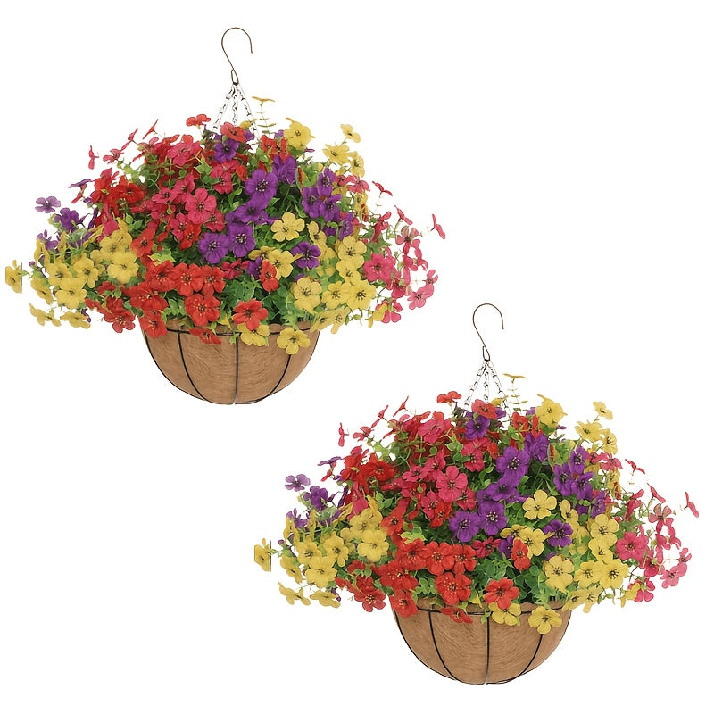 Hanging Basket Artificial Flowers 2 Sets 24pcs Red Purple Yellow | Outdoor Spring Summer Decor for Front Porch, Garden & Patio, Fake Flower Hanging Baskets for Balcony Fence