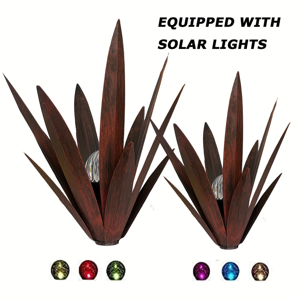 Metal Agave Solar Garden Lights Set of 2 (Large & Small) – Auto Dusk-to-Dawn Outdoor Stake Lights for Lawn, Courtyard, Garden & Patio Decor, 8 Color Options