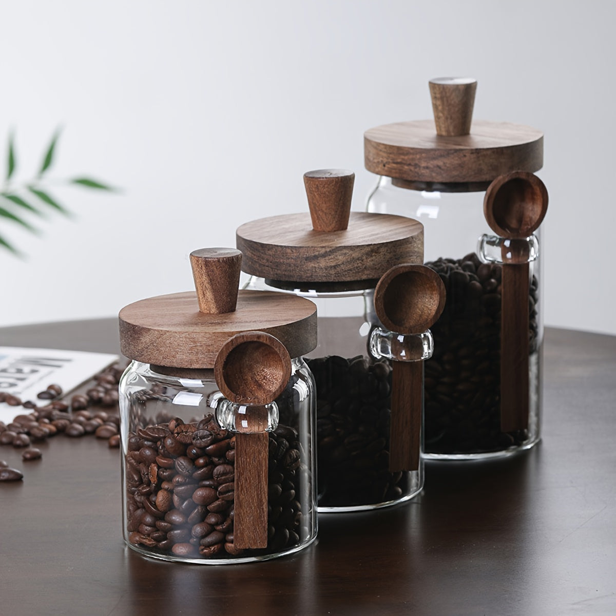 Airtight Glass Canisters Set of 3 with Spoon - Leak-Proof Kitchen Storage Jars for Coffee, Sugar, Flour & Tea, Round Glass Jars with Dark Brown Lids for Pantry & Countertop
