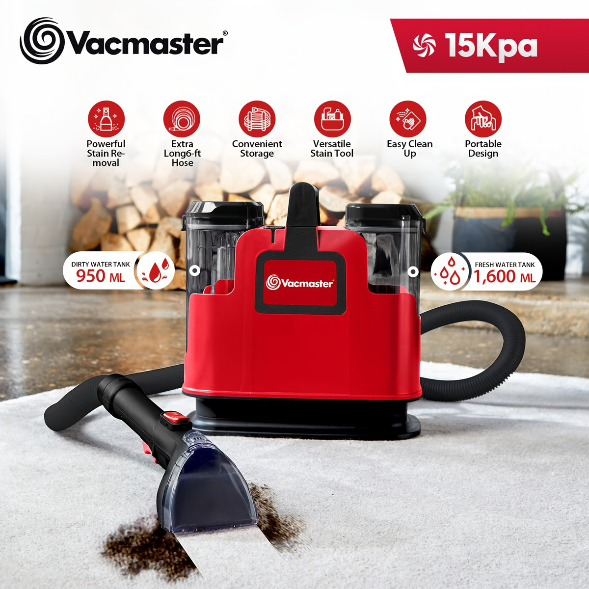 Portable Carpet & Upholstery Cleaner 15KPa – Compact Spot Stain & Odor Remover with Self-Cleaning Tool, 3.5" Tough Stain Brush, 54.1oz Tank & Extra Long Hose for Deep Spot Cleaning Carpets Sofas Cars