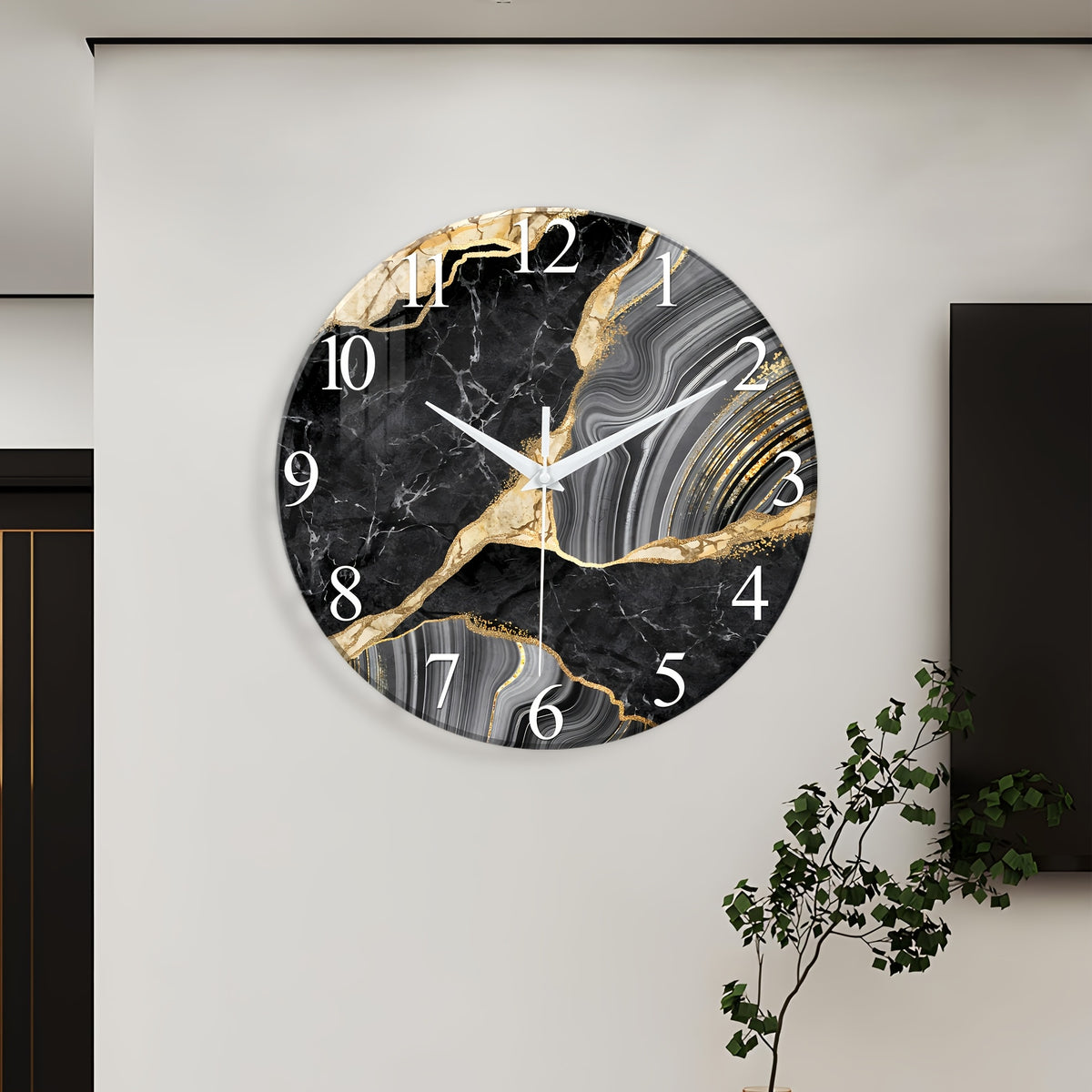 Modern Large Glass Wall Clock with Marble Texture – Silent Non-Ticking, 14, 20 & 24 Inch, AA Battery, Luxury Wall Decor for Living Room, Bedroom, Kitchen & Office, Housewarming Gift