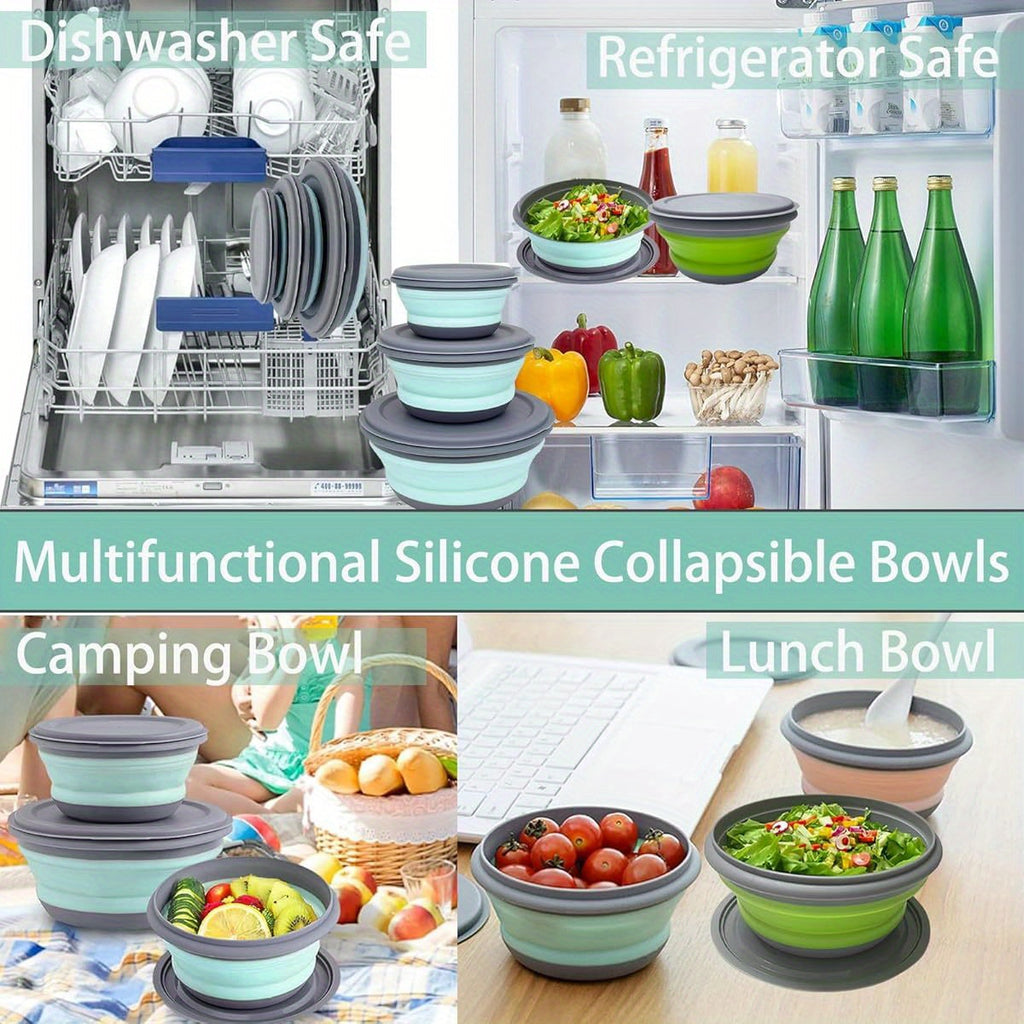 3-Pack Foldable Silicone Camping Bowls with Lids - Collapsible Stackable Food Containers with Storage Bag for Camping Hiking Salads Lunches, Rust-Proof PP, Pink Blue