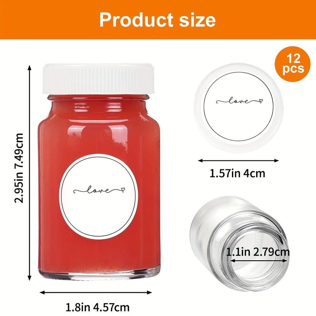 2oz Glass Shot Bottles with Caps 12/24 Pack – Mini Ginger Shot Juice Bottles with Lids, Waterproof Stickers & Brush, Potion Oil Party Mugs, 1.8x2.95 Inch