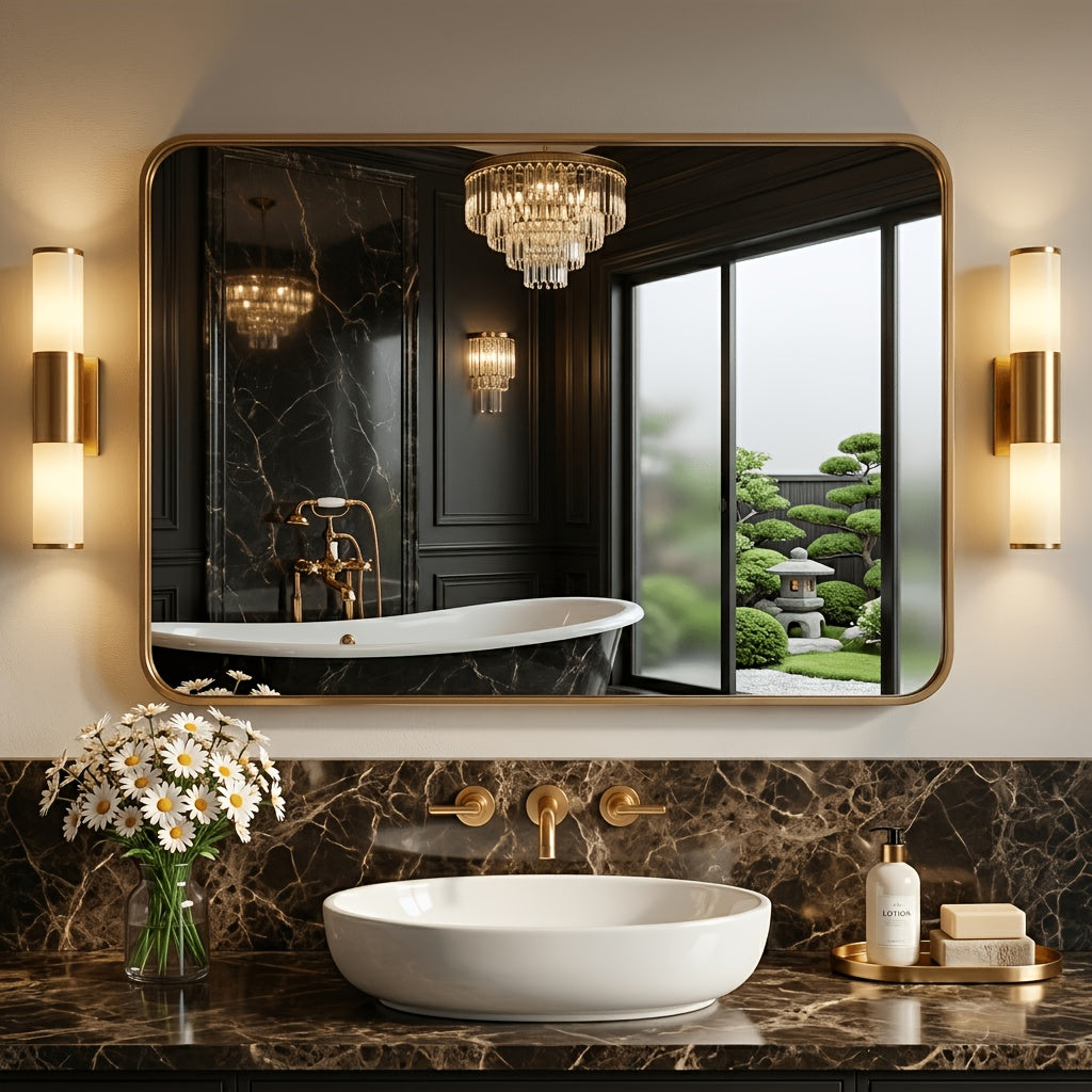 Metal Framed Rounded Rectangle Wall Mirror for Bathroom – Over Sink, Horizontal or Vertical Hanging, Modern Farmhouse Decor, Matte Black, Gold & Silver, Multiple Sizes 16x20 to 36x48 In