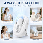 3-in-1 Portable Waist Fan USB-C Rechargeable 3500mAh – Wearable Neck Fan with Lanyard, Clip & Desk Stand, 5-Speed Hands-Free Personal Cooling Fan for Travel, Outdoor, Work & Gym