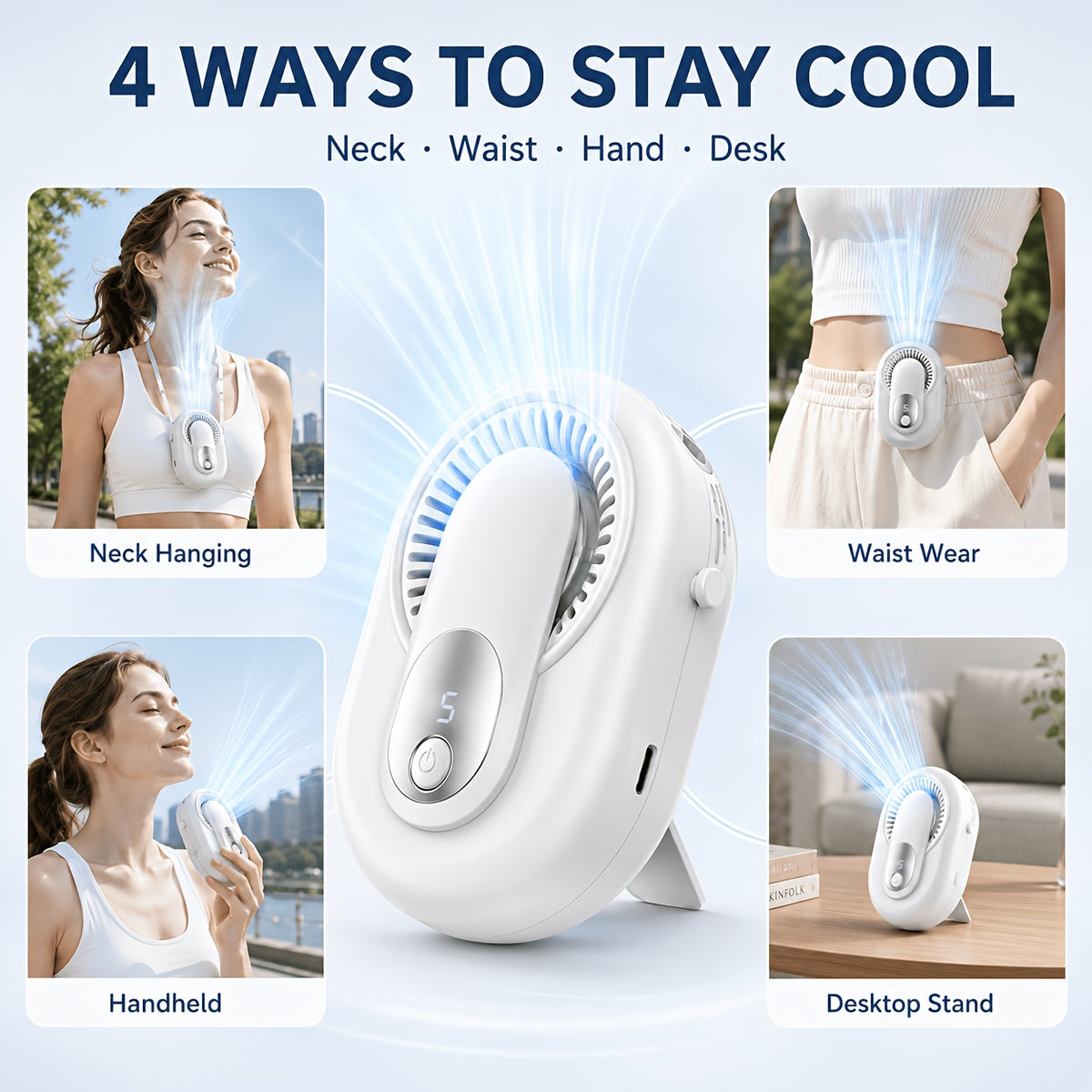 3-in-1 Portable Waist Fan USB-C Rechargeable 3500mAh – Wearable Neck Fan with Lanyard, Clip & Desk Stand, 5-Speed Hands-Free Personal Cooling Fan for Travel, Outdoor, Work & Gym