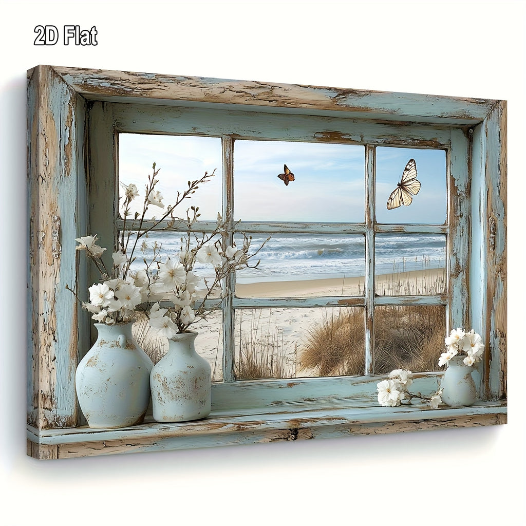 Beach View Window Canvas Wall Art with Butterflies & Flowers, Vintage Beach Scene Wooden Framed Print for Living Room, Bedroom, Kitchen & Home Office – 16x20in or 20x24in