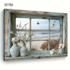 Beach View Window Canvas Wall Art with Butterflies & Flowers, Vintage Beach Scene Wooden Framed Print for Living Room, Bedroom, Kitchen & Home Office – 16x20in or 20x24in