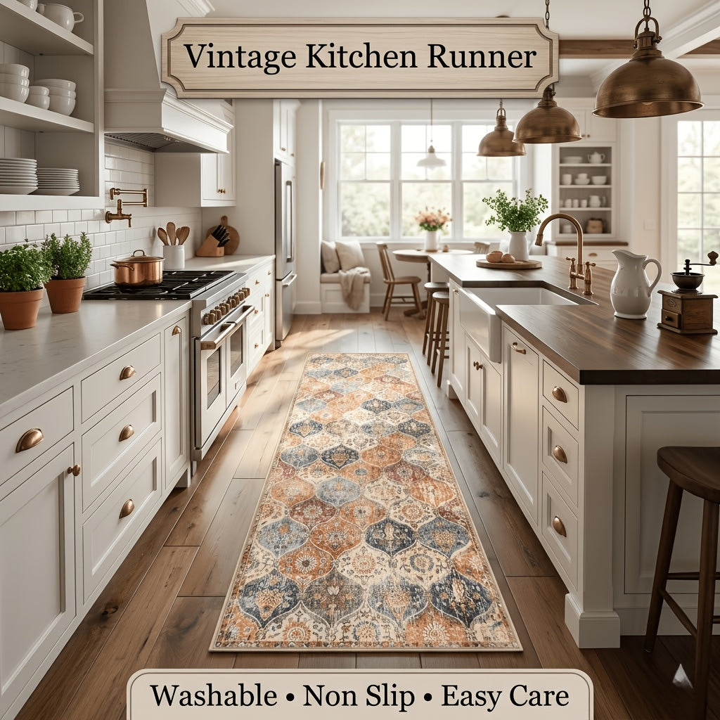 Non-Slip Washable Kitchen Rug – Vintage Hallway Runner with Rubber Backing | Cashmere-Like