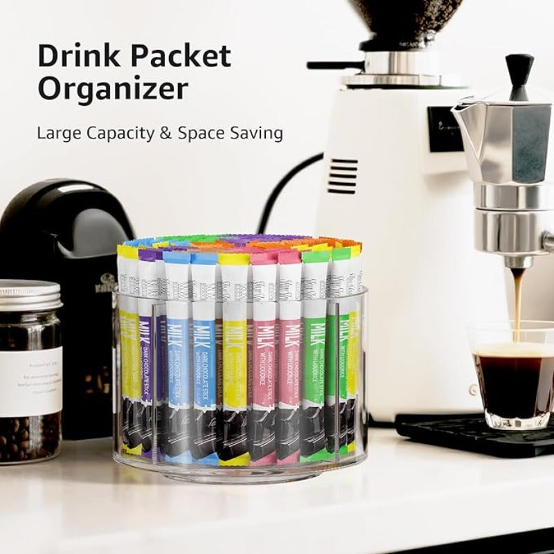 Lazy Susan Organizer Rotating Drink Mix Packet Holder Clear Turntable with Dividers for Powder Packets Water Flavor Packets Pantry Counter