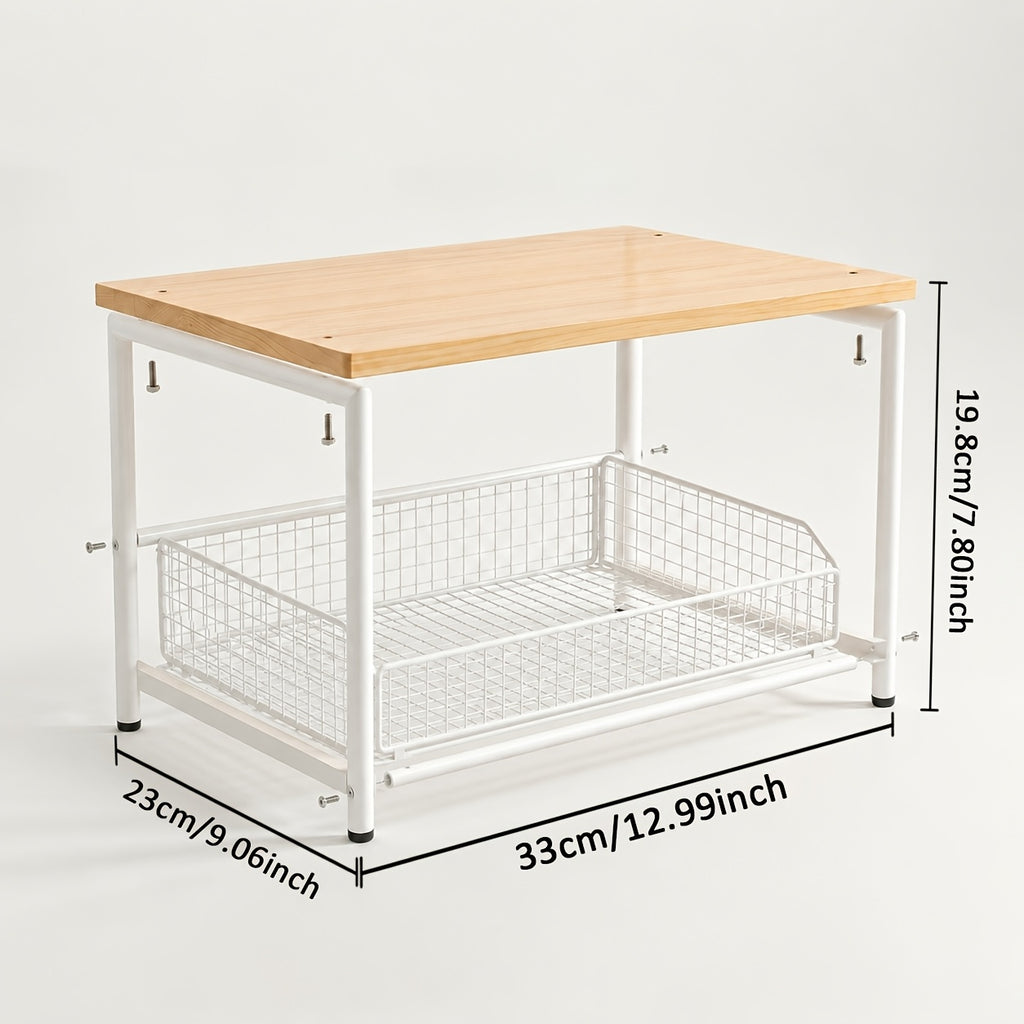 Kitchen Countertop Organizer with Drawer Wire Basket – Detachable Hardwood Metal Shelf for Coffee Maker Microwave Spices Utensils – White Black