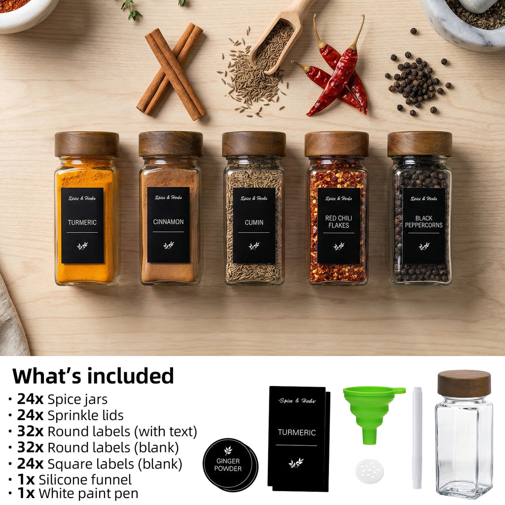 Glass Spice Jars Set with Acacia Wood Lids - 4oz Square Spice Bottles with Shaker Lids, Labels & Grinders for Kitchen Spice Storage and Organization