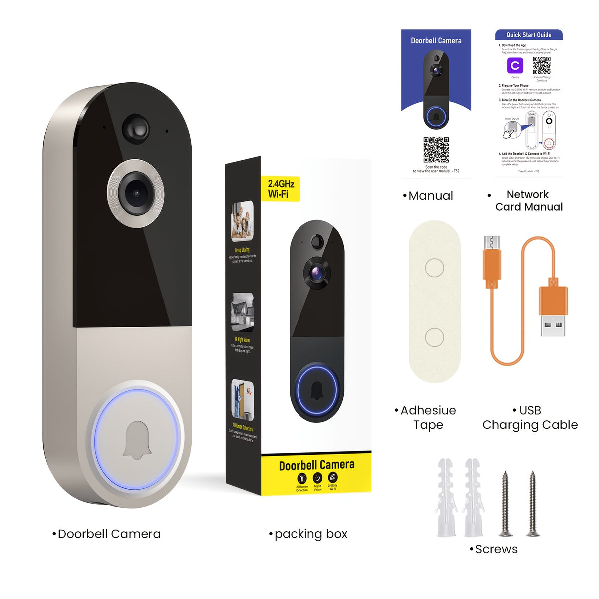 1080P Video Doorbell Camera Wireless – Intelligent Body Detection, Two-Way Audio, Infrared Night Vision, Cloud Storage, Real-Time View, 5200mAh Battery, Black Linen