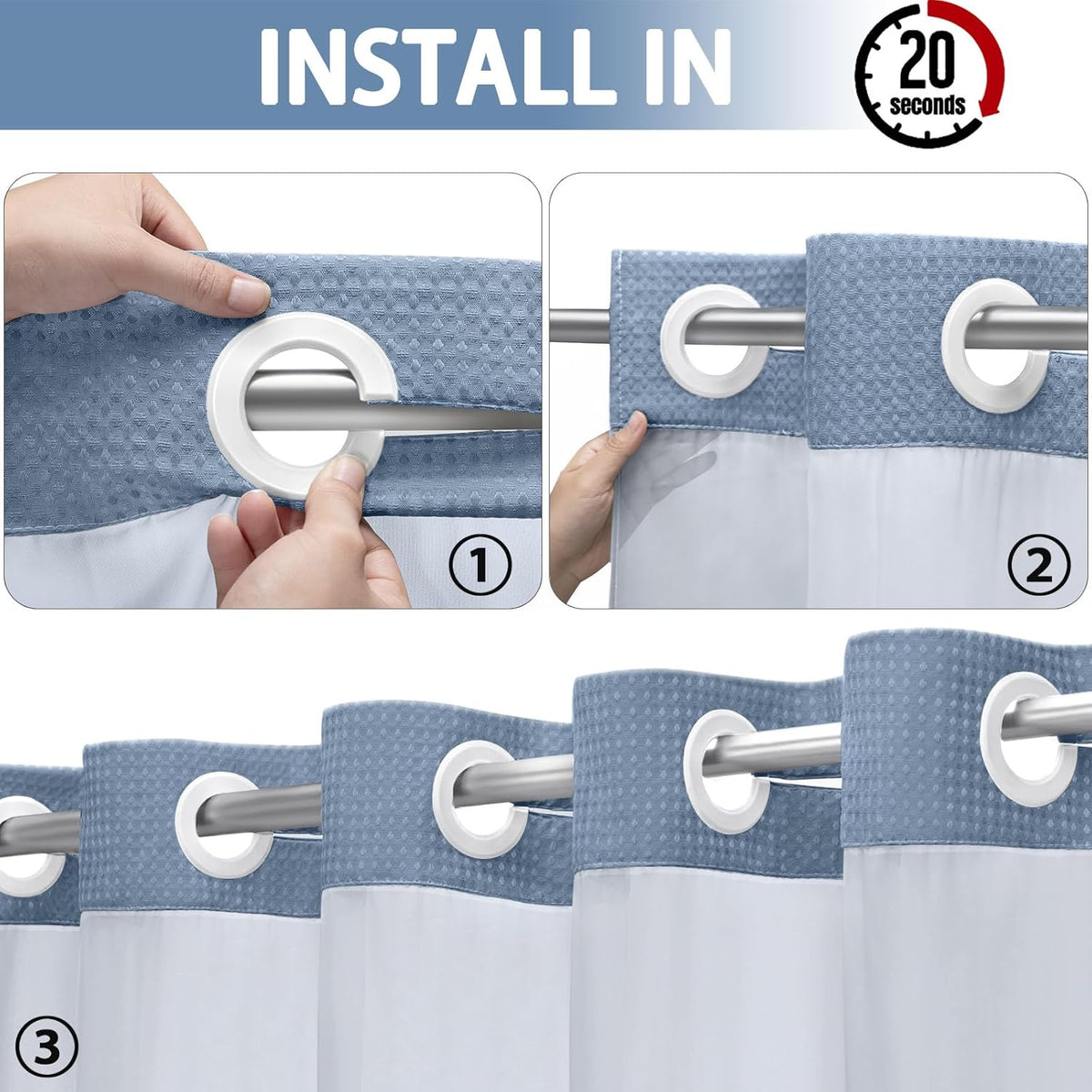Hookless Waffle Shower Curtain Liner Set with Snap-In Liner Double Layer Window Panel – 6ft x 74.8 Inch Easy-Clean Polyester Bathroom Curtain for Home & Hotel
