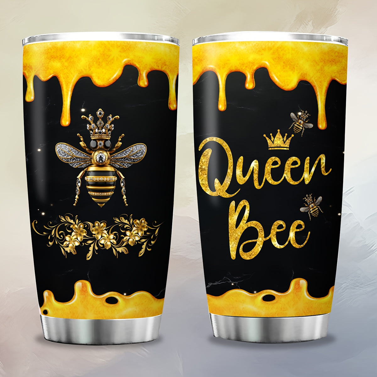 Queen Bee Tumbler 20oz Stainless Steel Insulated Travel Mug with Lid & Straw - Bee Lover Gift for Women Oval Shape