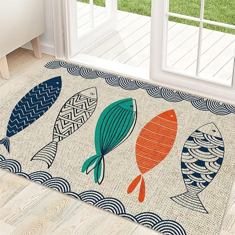 Summer Fish Pattern Flannel Door Mat Washable Soft Non-Slip Area Rug for Front Door Bedroom Farmhouse Laundry Room Decoration - 2 Sizes