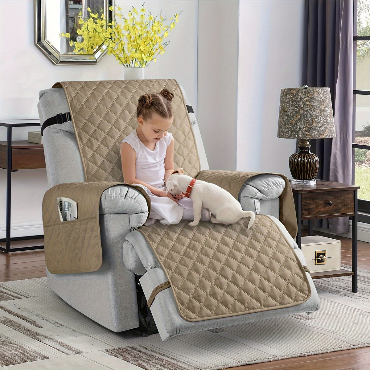 Waterproof Recliner Chair Cover with Pocket – 100% Non-Slip Washable Reclining Chair Slipcover with Adjustable Strap, Pet Friendly Furniture Protector for Dogs Cats, Living Room Home Decor, 1pc
