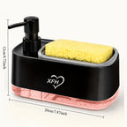 Kitchen Soap Dispenser with 2 Sponges & Dish Brush Holder | BPA-Free Refillable Transparent Pump Dispenser for Sink | Compact Square Design | Black or White