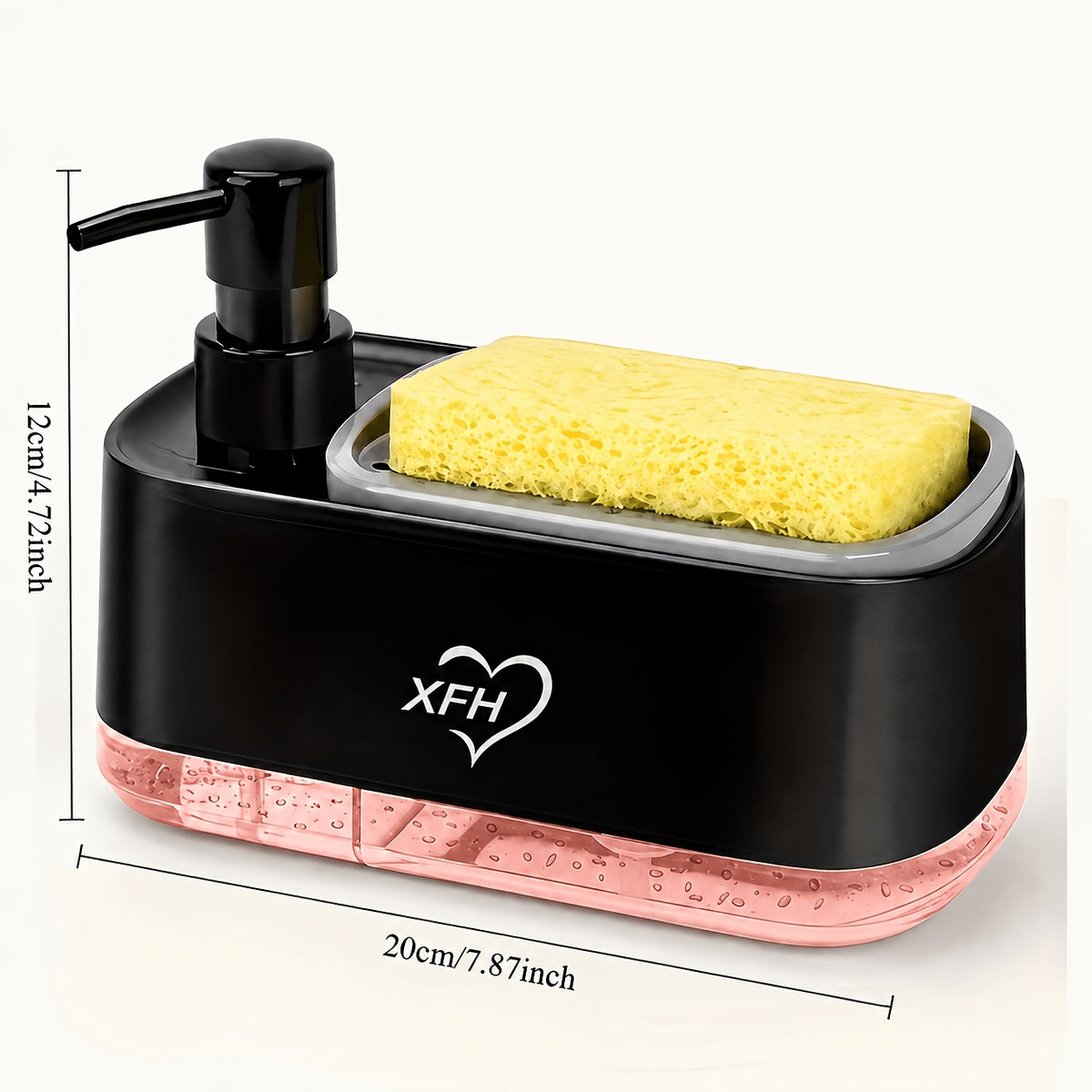 Kitchen Soap Dispenser with 2 Sponges & Dish Brush Holder | BPA-Free Refillable Transparent Pump Dispenser for Sink | Compact Square Design | Black or White