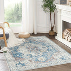 Washable Vintage Area Rug - Chenille Retro Distressed Multi-Print Foldable Lightweight Accent Rug for Entryway Bathroom Kitchen Living Room and Bedroom