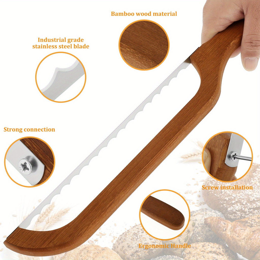 Serrated Bread Knife with Bamboo Handle - 15.7 Inch Stainless Steel Bagel Slicer for Sourdough, Baguettes and Homemade Loaves - Sharp Bread Cutter for Bakers and Home Kitchens