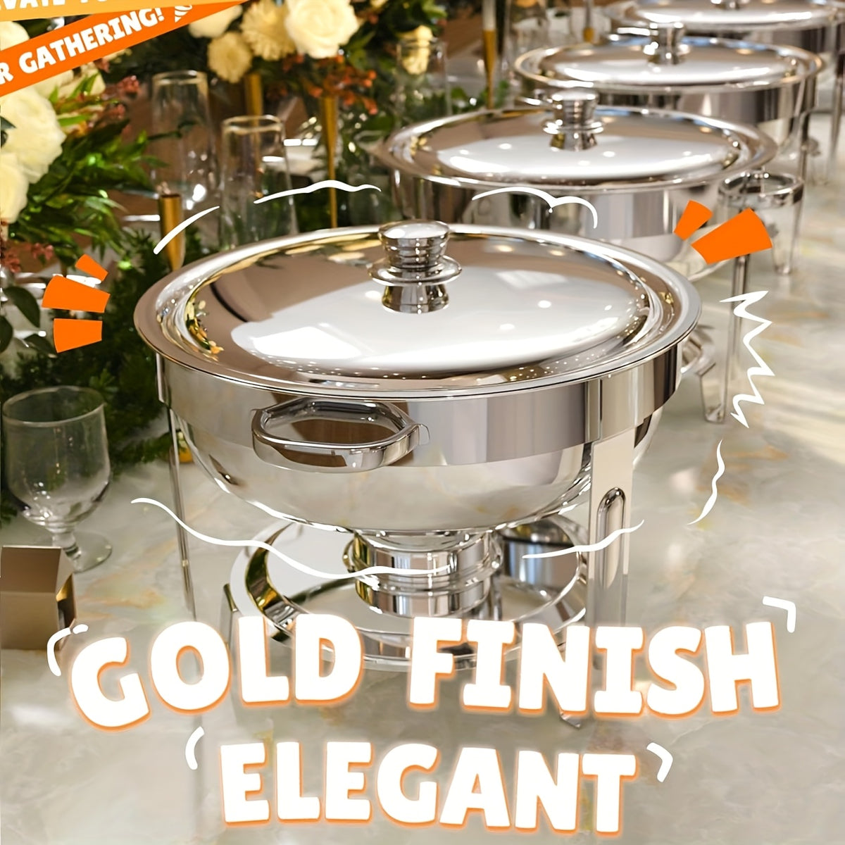Stainless Steel Chafing Dishes for Buffet Round Food Warmer Set 5-9QT Catering Chafer with Lid for Parties Events Weddings Golden Silver 1 2 4 6 Pack