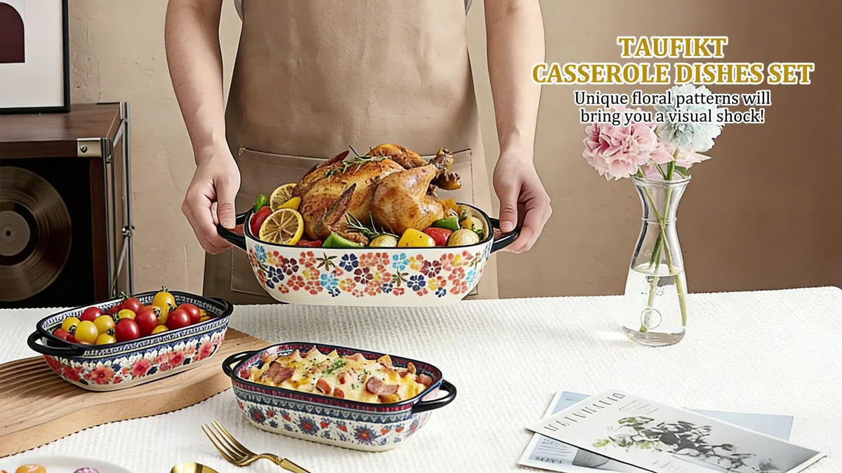 Bohemian Ceramic Baking Dishes Set of 2 - Large Rectangular Oven-Safe Casserole & Pie Pan, Porcelain Roaster Set for Baking & Cooking, Elegant Kitchen Gift, Red Blue Yellow White