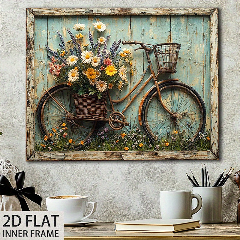 Shabby Chic Canvas Wall Art – Vintage Blooming Flower Country Landscape Painting with Wood Background, Farmhouse Pastoral Wall Decor for Living Room & Kitchen, High-Quality Print Wrap-Around Frame