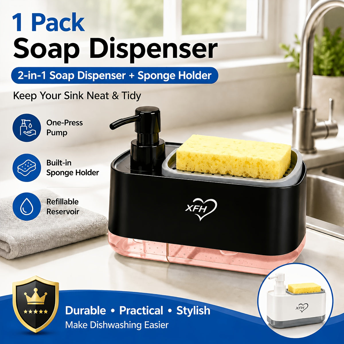 Kitchen Soap Dispenser with 2 Sponges & Dish Brush Holder | BPA-Free Refillable Transparent Pump Dispenser for Sink | Compact Square Design | Black or White