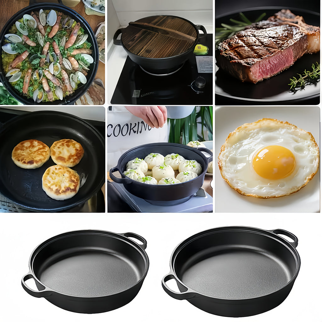 Deep Cast Iron Skillet 8.66 Inch with 2 Handles and Wooden Shovel Flat Bottom Frying Pan Oven Stovetop Grill Campfire Safe for Steak Bread Pizza Camping
