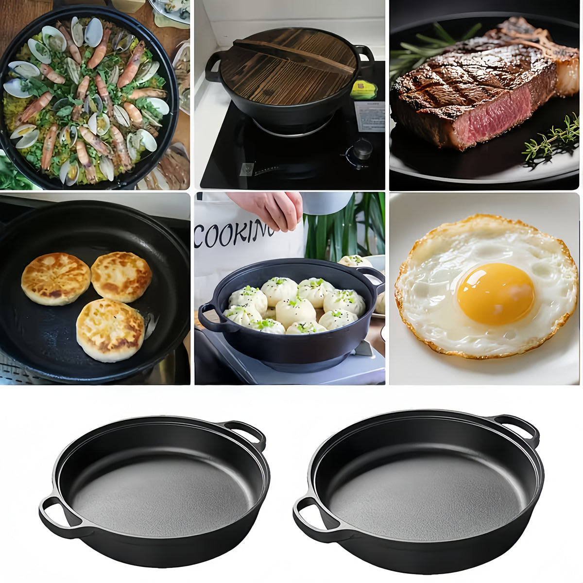 Deep Cast Iron Skillet 8.66 Inch with 2 Handles and Wooden Shovel Flat Bottom Frying Pan Oven Stovetop Grill Campfire Safe for Steak Bread Pizza Camping