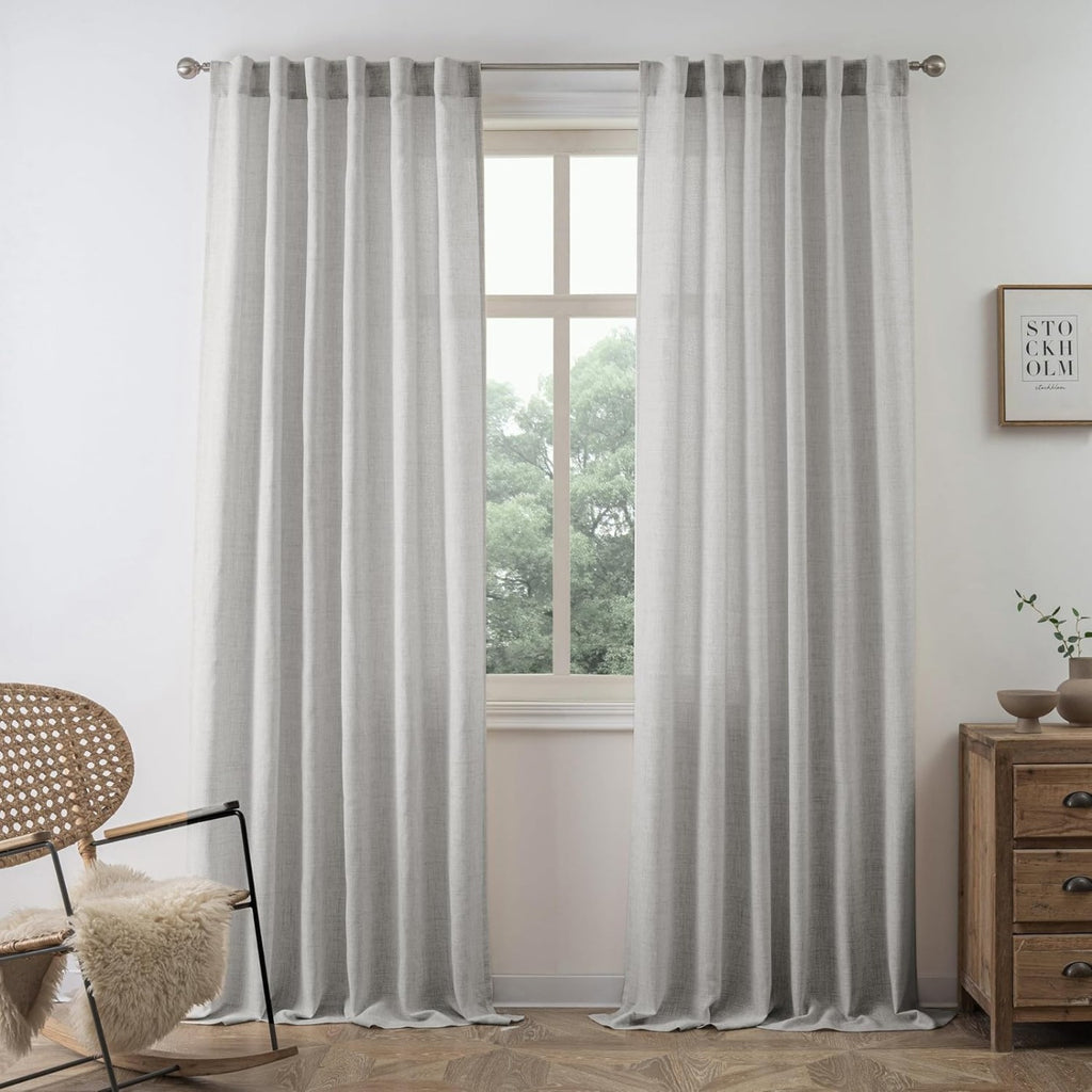 Linen Semi-Sheer Curtains 2 Panels Real Flax Light Filtering Drapes - Boho Farmhouse Window Curtains for Living Room Bedroom, 10 Colors Multiple Lengths Privacy Window Treatment