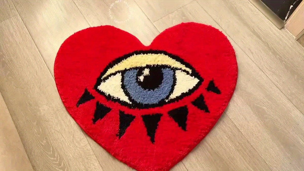 Heart Shaped Plush Bathroom Mat with Eye Pattern - Non-Slip Absorbent Irregular Bath Rug, 20.47" x 24.4", Decorative Bathtub Foot Pad for Valentine's Day, Bedroom & Home Decor