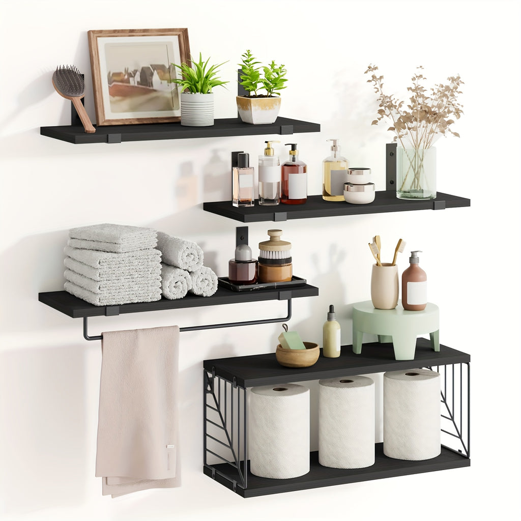 Floating Shelves Over Toilet 3/4 Piece Set – Farmhouse Wood Wall-Mounted Bathroom Shelf for Toilet Paper Storage, Small Bathroom Organizer in Black & Brown