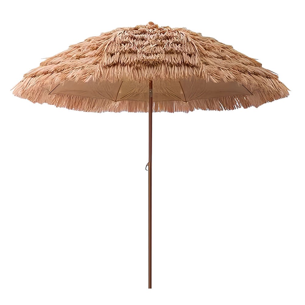 7.5 Foot Tropical Thatch Tiki Outdoor Patio Umbrella UV Protection Push Button Tilt Manual Lift Steel Pole Iron Frame Poolside Garden Backyard