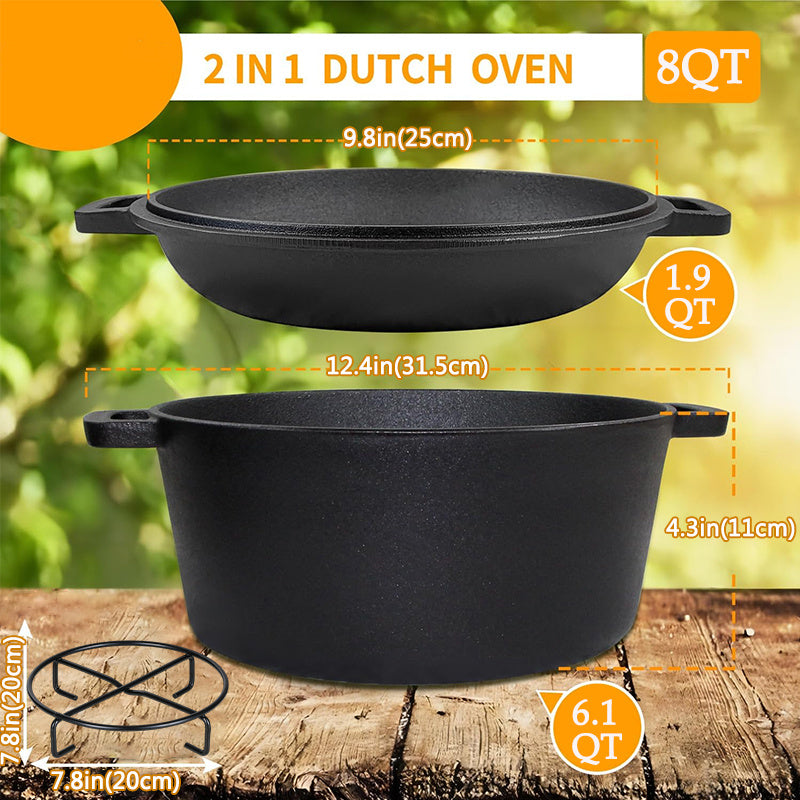 Cast Iron Dutch Oven Set 2-in-1 – 6.1QT Deep Pot & 1.9QT Frying Pan Lid, 6-Piece with Silicone Handles, Scraper & Iron Frame | Pre-Season Ready, Oven, Stove, BBQ & Induction Safe
