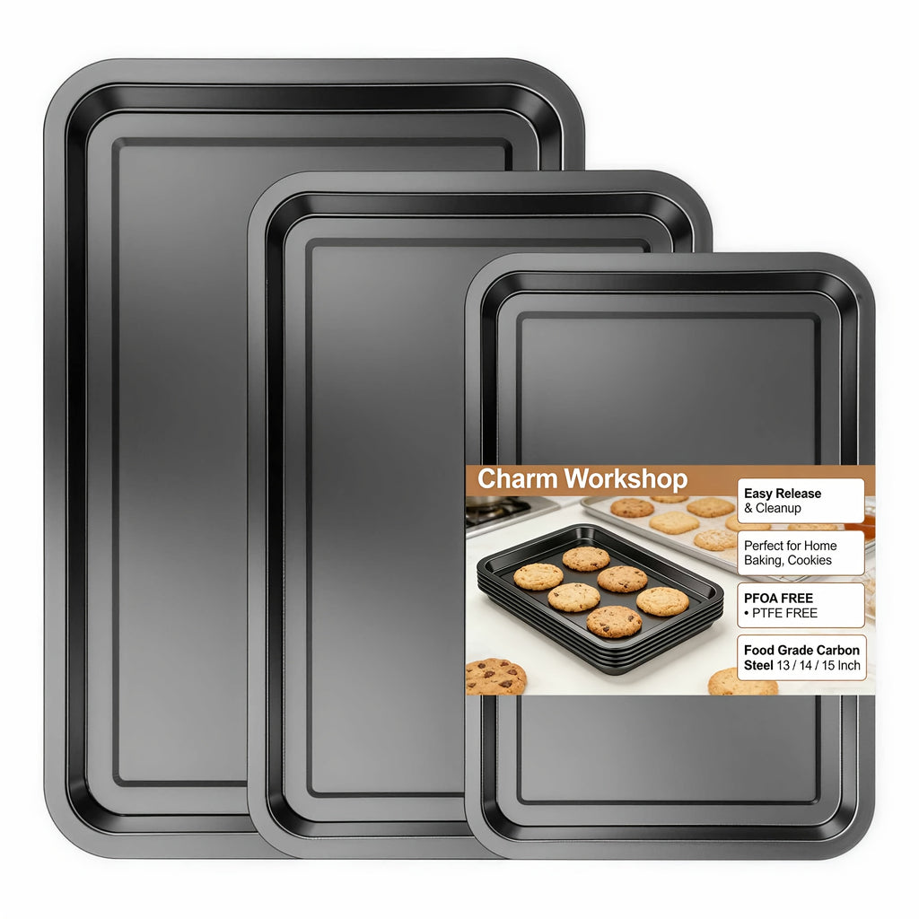 Baking Sheet Pan Set of 3 Heavy Duty Cookie Sheets - Diamond Texture Commercial Grade Steel 13/15/18 Inch, 0.8mm Thick Oven Pans for Baking Cookies, Roasting, Sheet Cake, with Oven Gloves Option